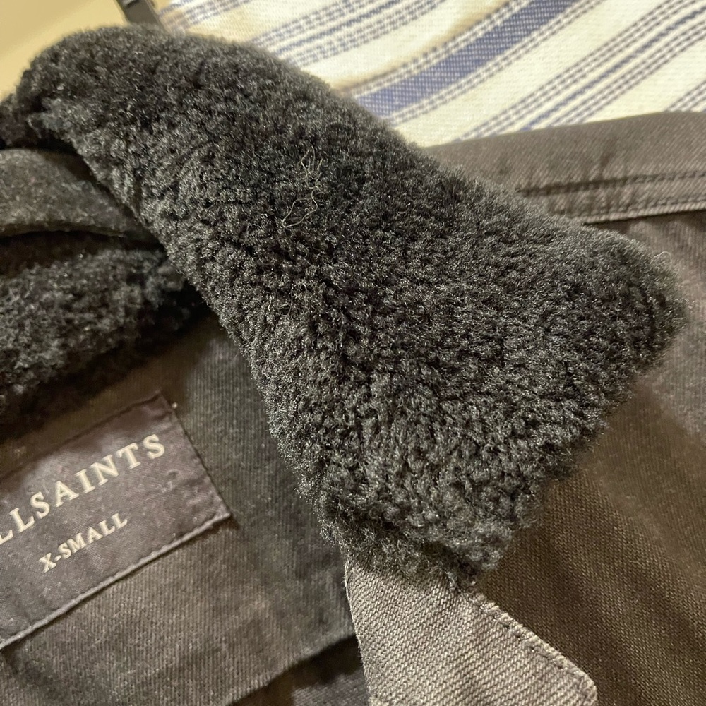 All Saints Mens Faux Sherpa collar Black Denim Jacket. Size X SMALL. NWOT.